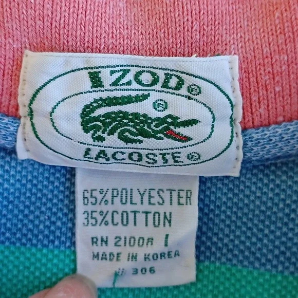 VTG IZOD Lacoste Men's Striped Short Sleeve Polo Shirt Blue Coral Green XL - Picture 3 of 9